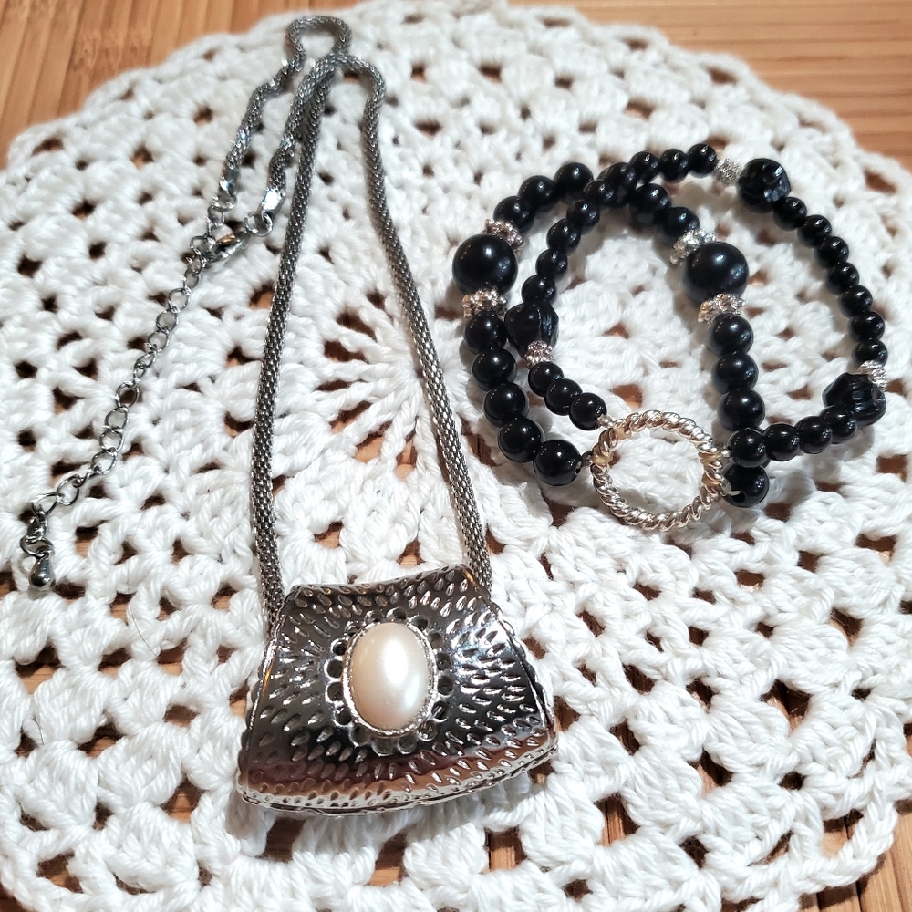 Silver Pearl Accent Necklace & Bead Bracelet